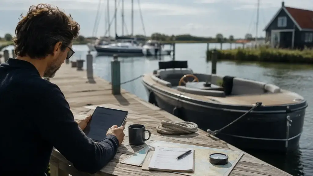 Watersporter bekijkt praktische informatie over boten en varen op een tablet bij een jachthaven met een moderne boot op de achtergrond