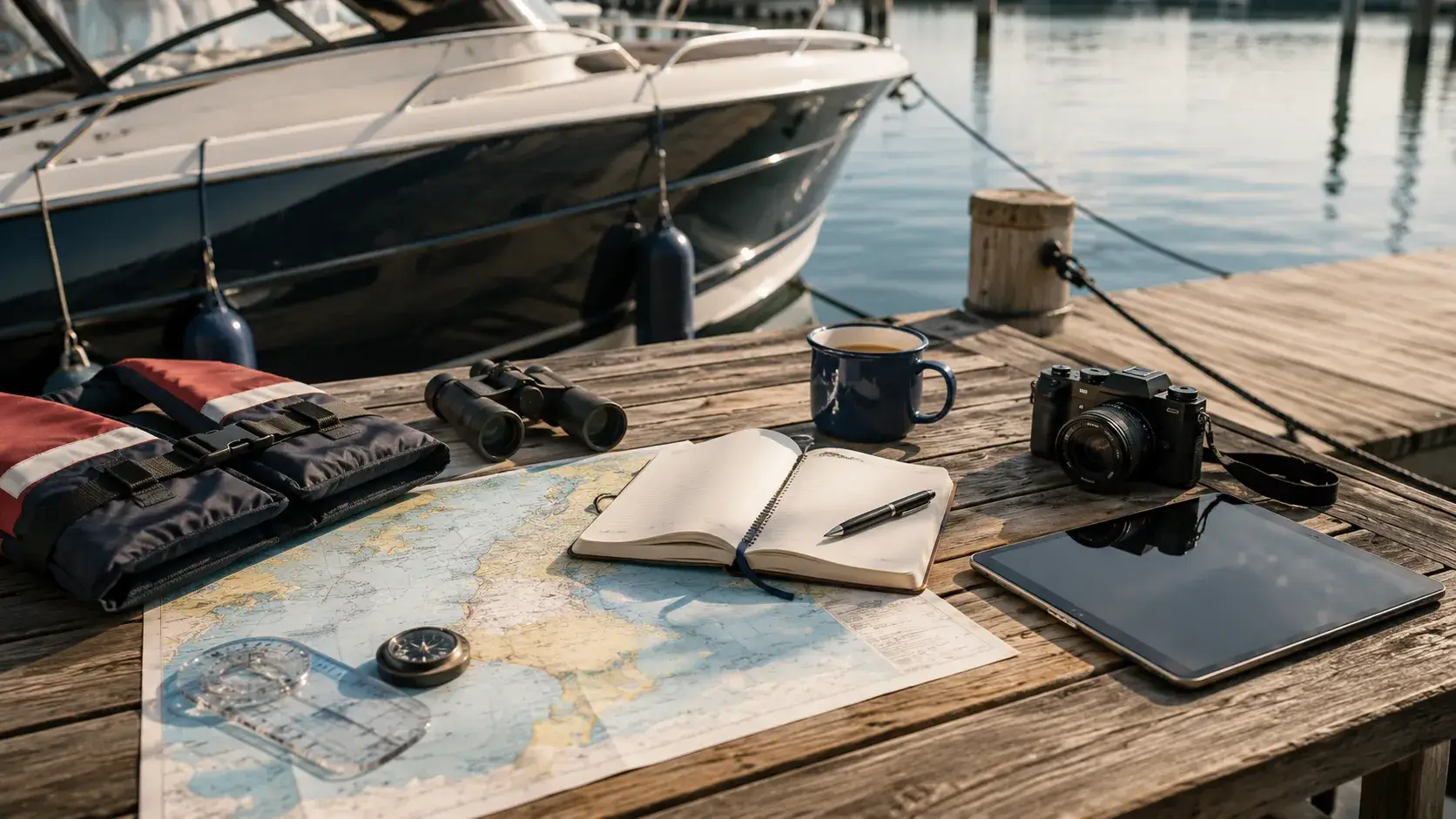 Nautische kaart, notitieboek, tablet en watersportuitrusting op een tafel naast een boot in de jachthaven