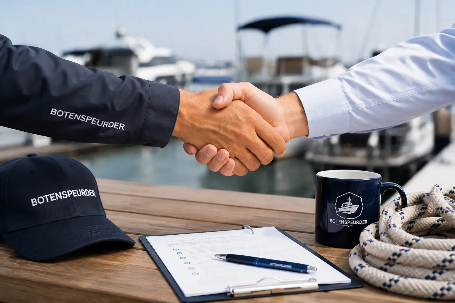 Partners Handdruk tussen Botenspeurder en zakenpartner bij een jachthaven met boten op de achtergrond