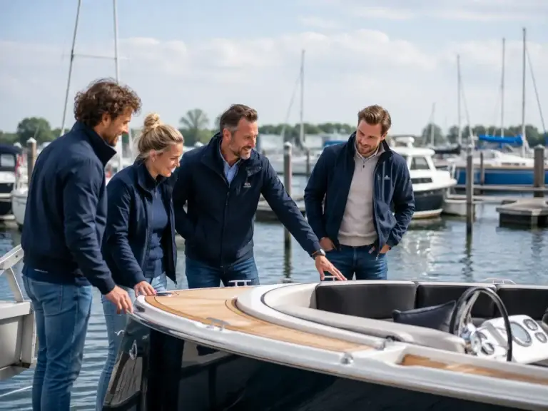 Team van Botenspeurder bekijkt en bespreekt een motorboot in een Nederlandse jachthaven.
