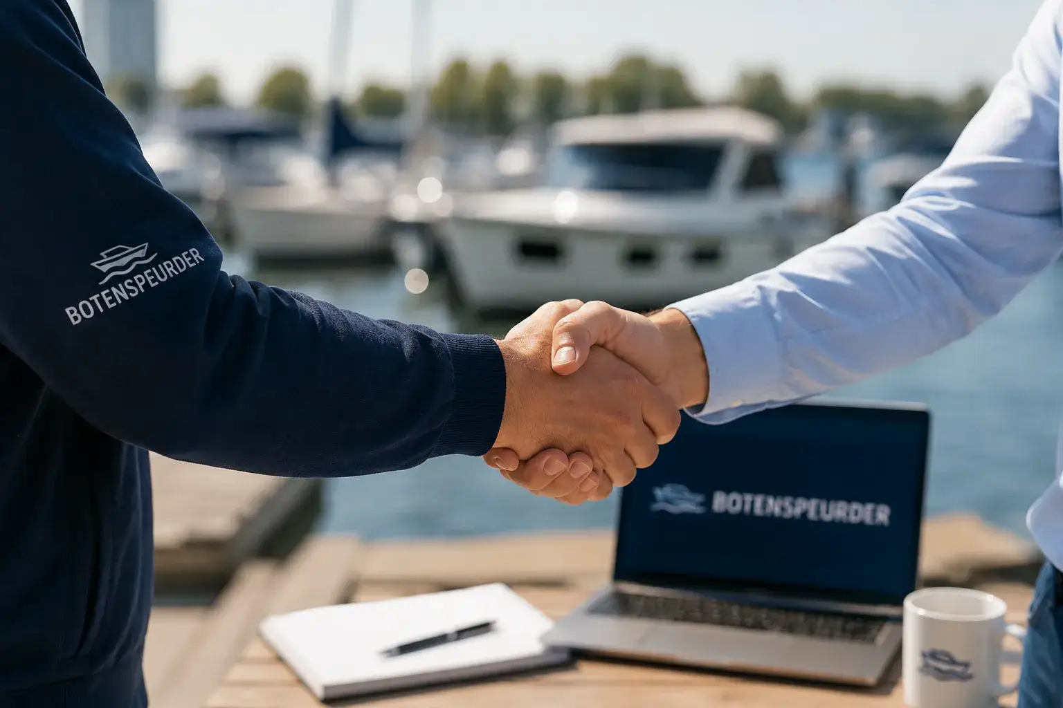 Zakelijke handdruk bij een jachthaven met Botenspeurder-logo en laptop op de achtergrond