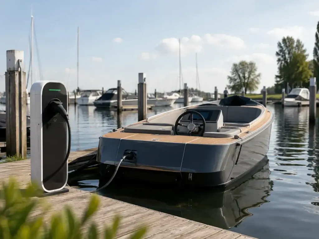 Moderne elektrische sloep wordt opgeladen aan een laadpunt in een Nederlandse jachthaven