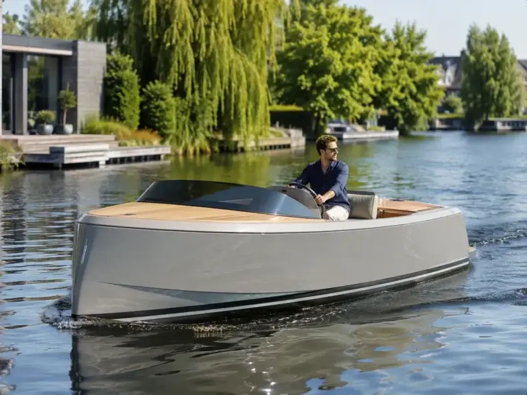 Moderne elektrische boot varend op een rustige Nederlandse waterweg