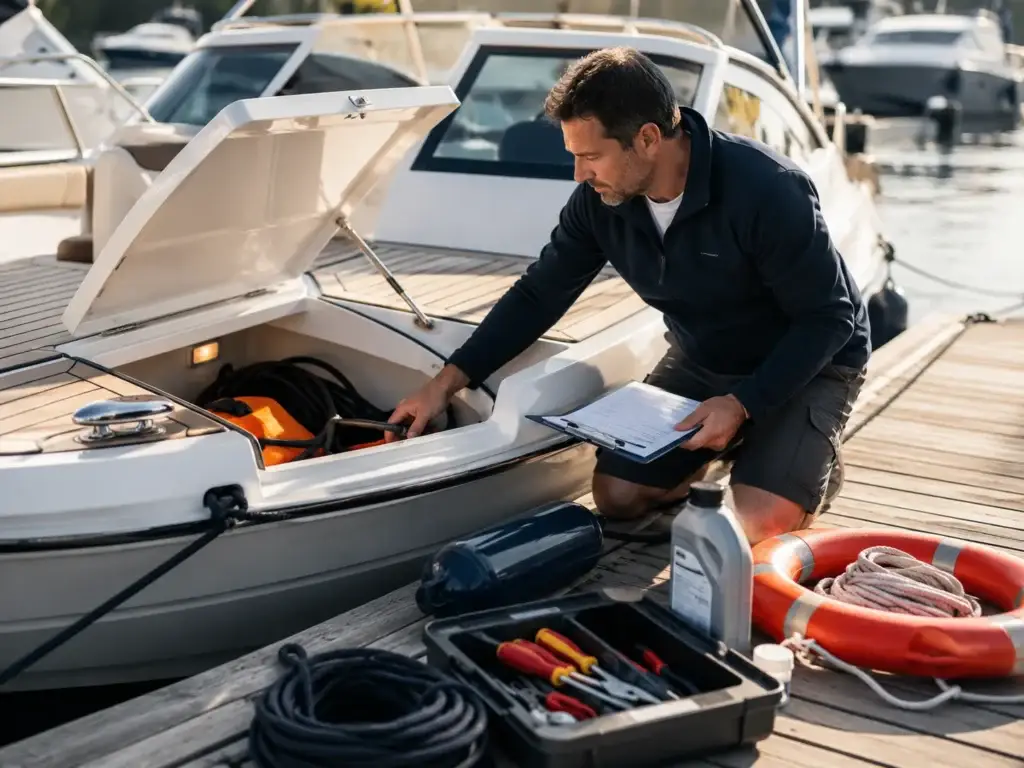 Booteigenaar controleert onderhoud en veiligheidsuitrusting van een motorboot aan de steiger
