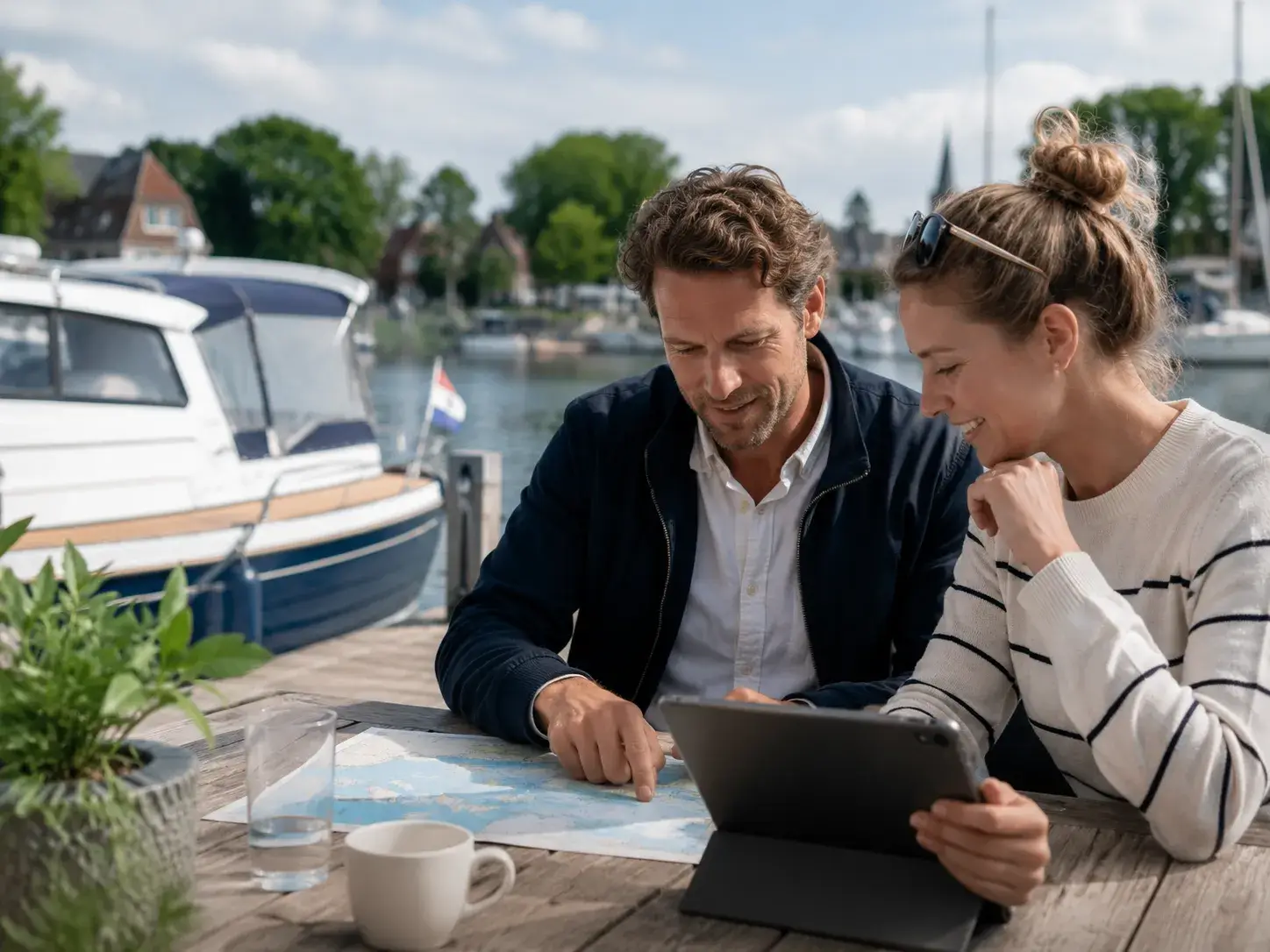 Watersporters bekijken samen informatie over boten en varen op een tablet bij een Nederlandse jachthaven