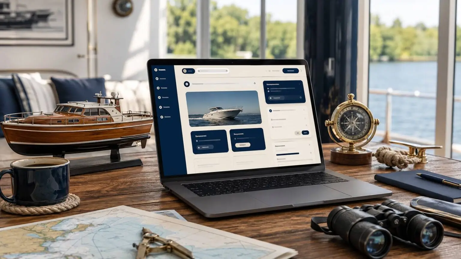 Laptop op een bureau met modelboot en nautische accessoires voor een platform over boten en watersport.